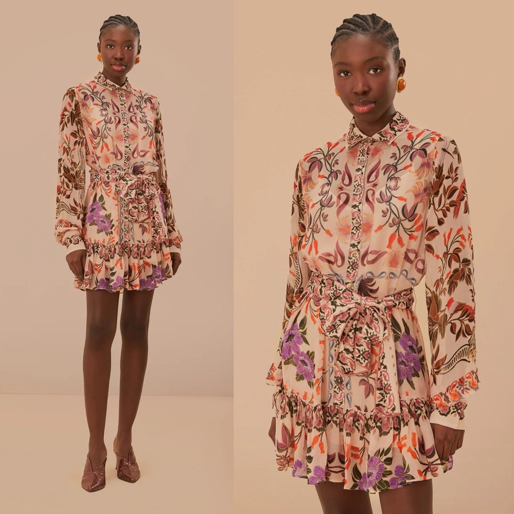 NWT Farm Rio Garden Print Floral Long Sleeve Belted Shirt Dress